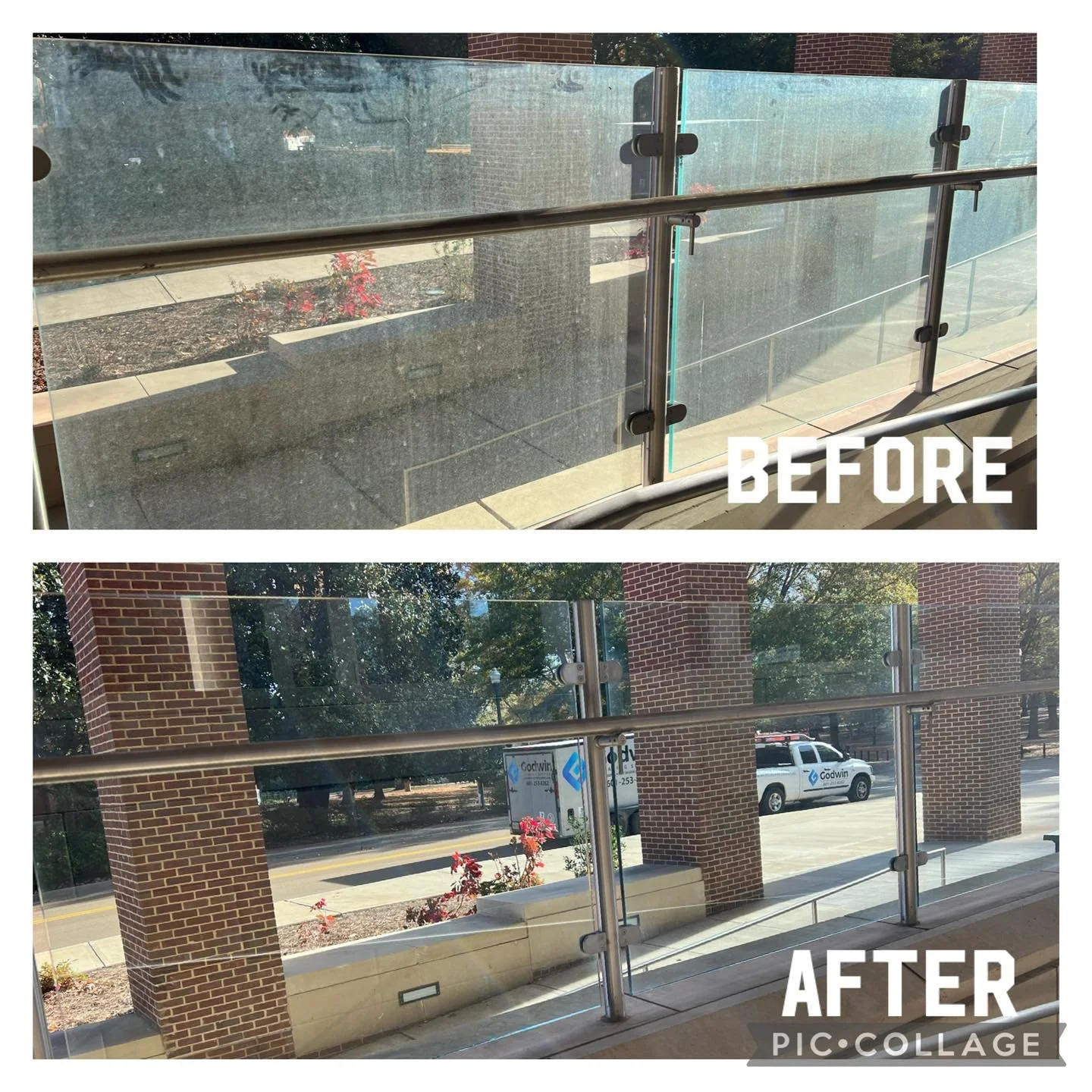 Before and after softwash cleaning of a commercial glass and railing exterior