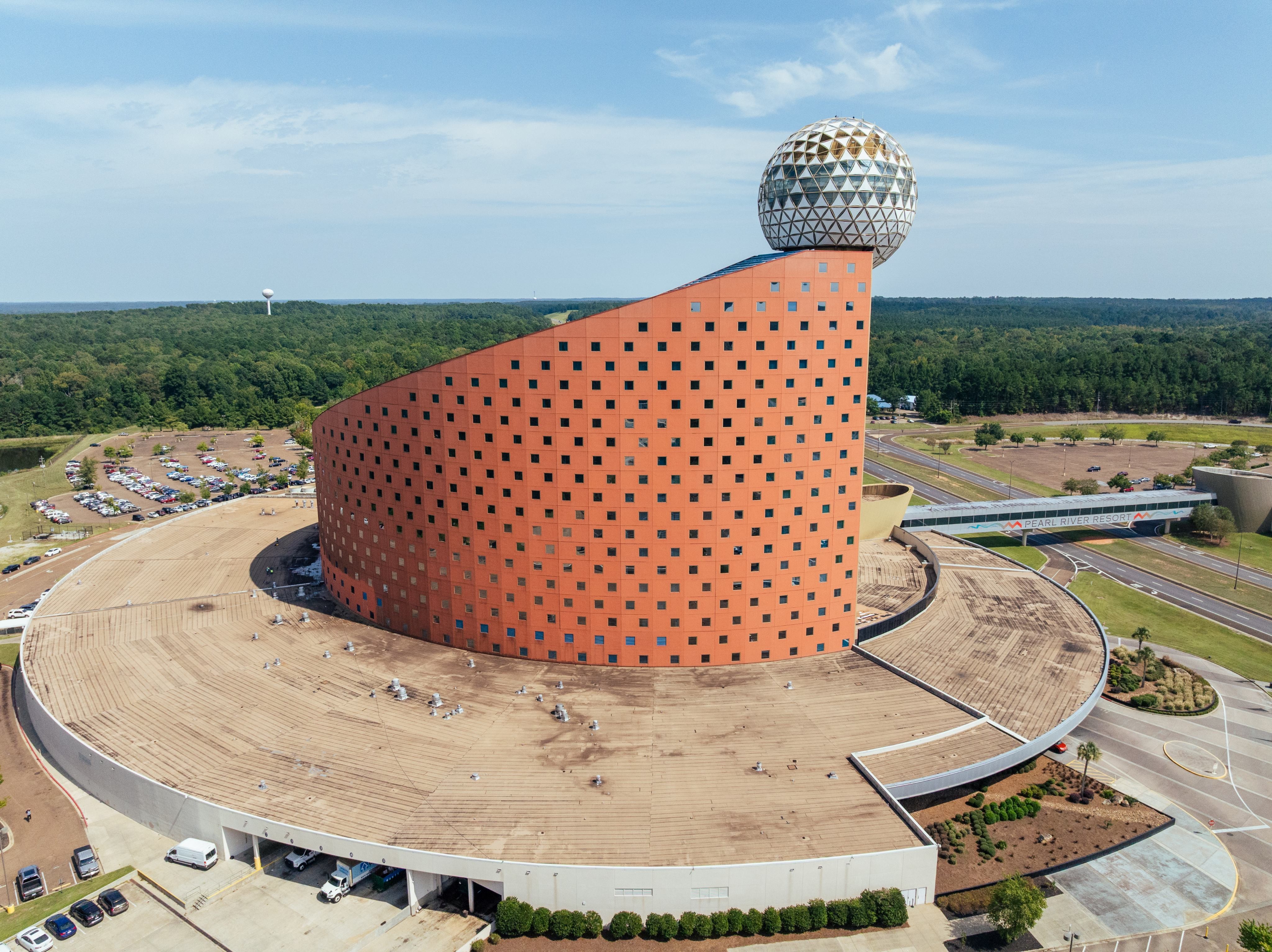 Aerial view of the Pearl River Resort casino hotel tower cleaned by Godwin Facility Services